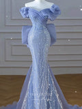 Prom Dress 2025 Blue Sequin Lace Mermaid Prom Dresses Puffed Sleeve Bow-Tie 24427-unique elegant Prom Dresses-Blue-Custom Size-vigocouture