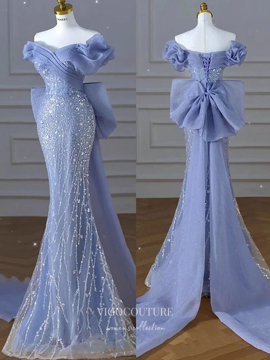 Prom Dress 2025 Blue Sequin Lace Mermaid Prom Dresses Puffed Sleeve Bow-Tie 24427-unique elegant Prom Dresses-Blue-Custom Size-vigocouture