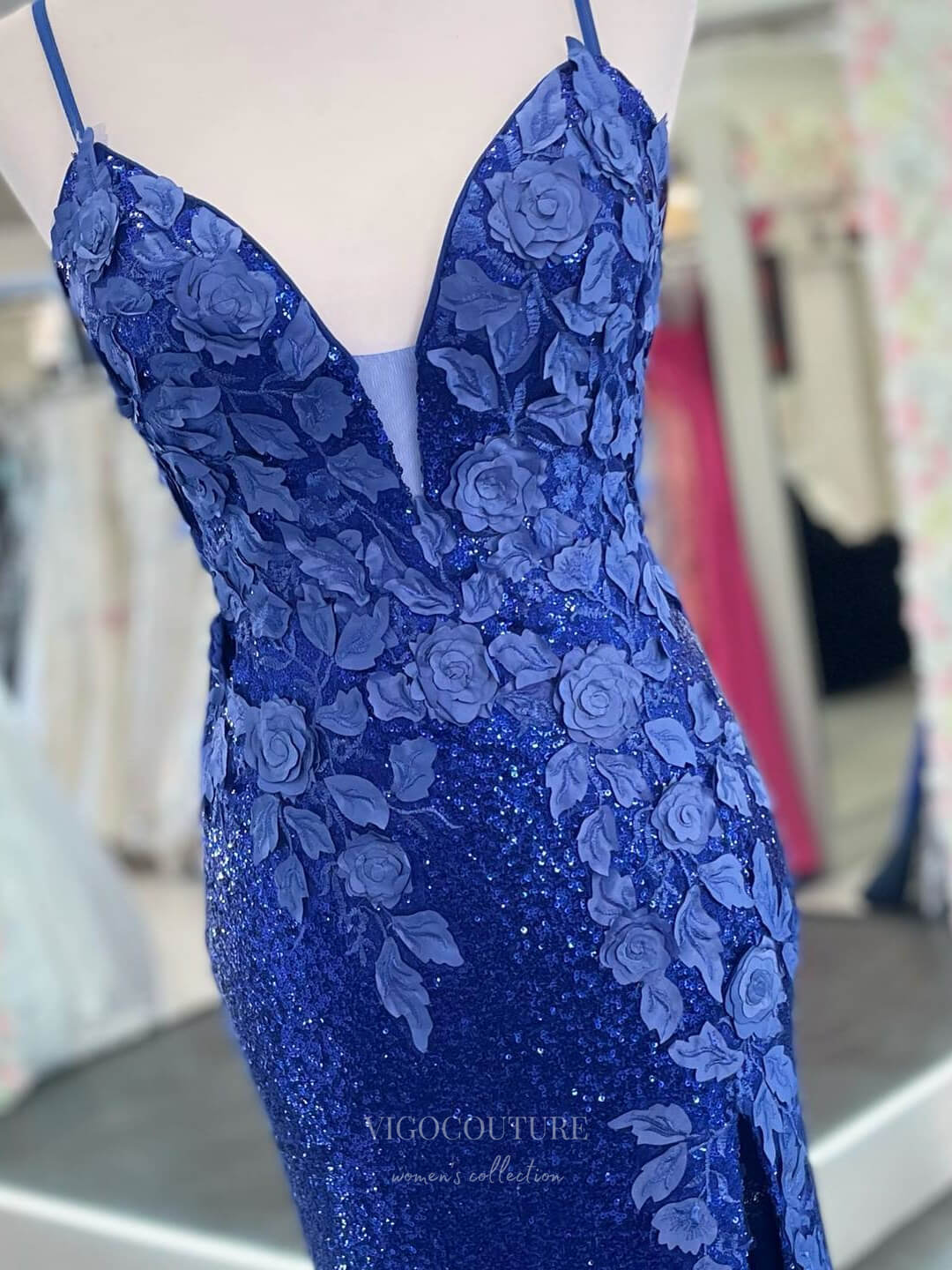 Prom Dress 2025 Blue Sequin Mermaid Lace Applique Prom Dresses with Slit Spaghetti Strap V-Neck 24324-unique elegant Prom Dresses-Blue-Custom Size-vigocouture