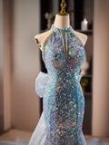 Prom Dress 2025 Blue Sequin Mermaid Prom Dresses Bow-Tie Halter Neck Evening Dress 24406-unique elegant Prom Dresses-Blue-Custom Size-vigocouture