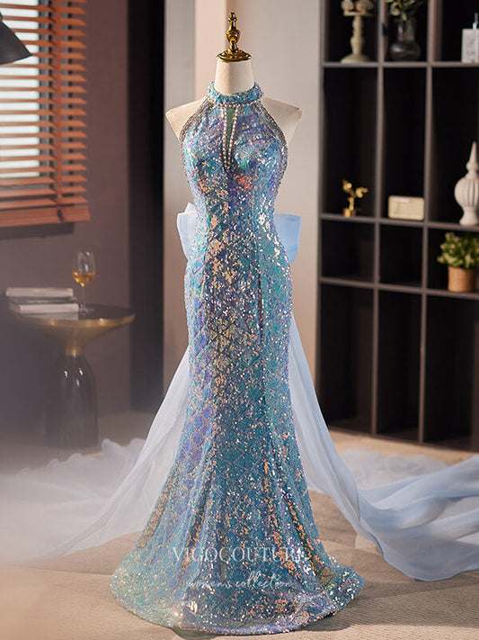 Prom Dress 2025 Blue Sequin Mermaid Prom Dresses Bow-Tie Halter Neck Evening Dress 24406-unique elegant Prom Dresses-Blue-Custom Size-vigocouture