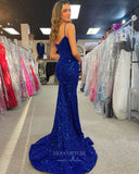 Prom Dress 2025 Blue Sequin Mermaid Prom Dresses Spaghetti Strap Plunging V-Neck 24466-unique elegant Prom Dresses-Blue-Custom Size-vigocouture