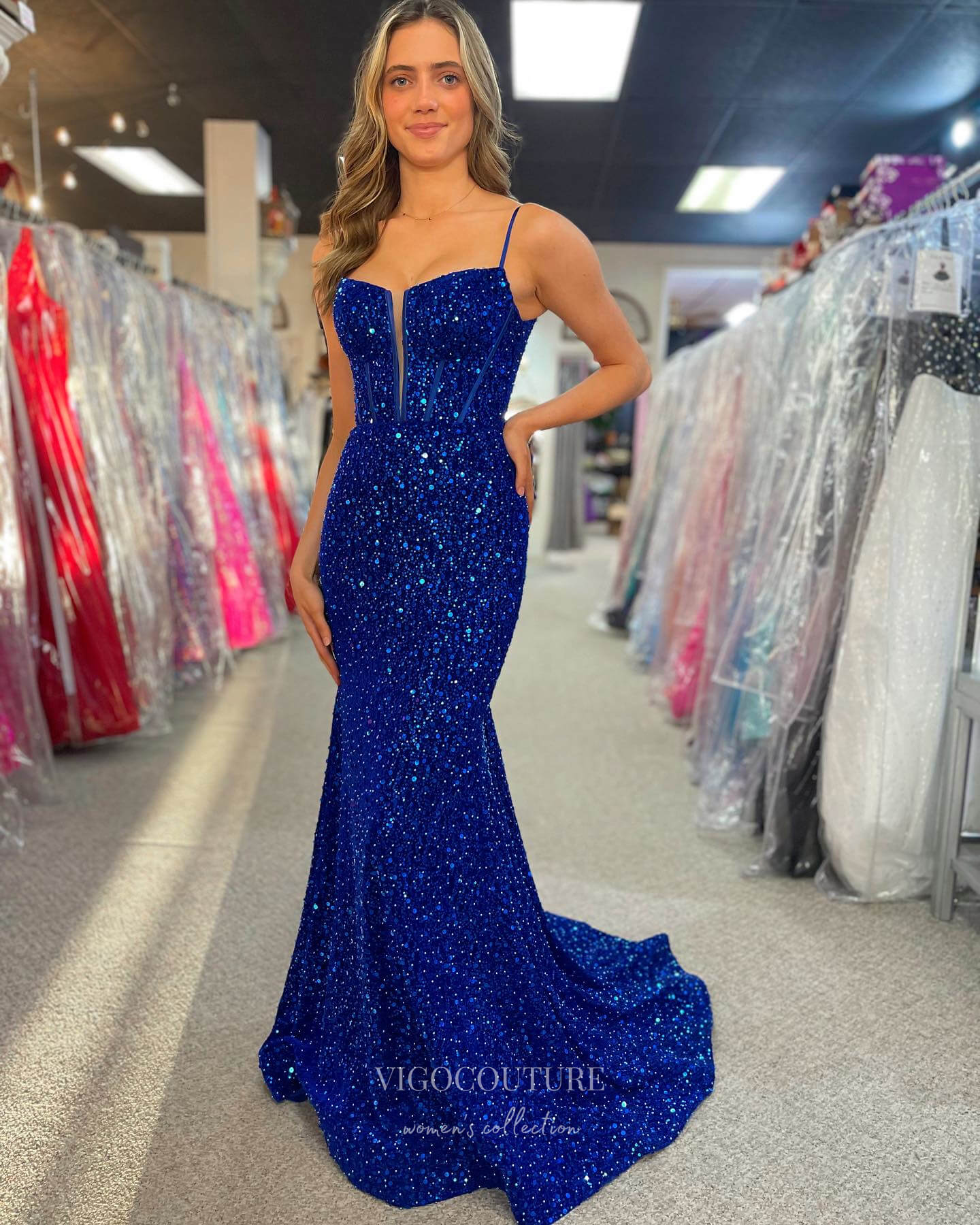 Prom Dress 2025 Blue Sequin Mermaid Prom Dresses Spaghetti Strap Plunging V-Neck 24466-unique elegant Prom Dresses-Blue-Custom Size-vigocouture