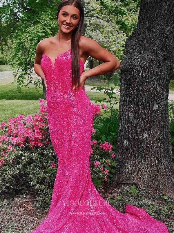 Prom Dress 2025 Blue Sequin Mermaid Prom Dresses Strapless Evening Dress 21835-unique elegant Prom Dresses-Pink-US2-vigocouture