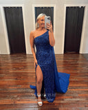 Prom Dress 2025 Blue Sequin Mermaid Prom Dresses with Slit One Shoulder Evening Dress 21908-unique elegant Prom Dresses-Blue-US2-vigocouture