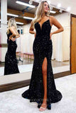 Prom Dress 2025 Blue Sequin Mermaid Prom Dresses with Slit Spaghetti Strap Evening Dress 21955-unique elegant Prom Dresses-Black-US2-vigocouture