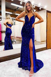 Blue Sequin Mermaid Prom Dresses with Slit Spaghetti Strap Evening Dress 21955