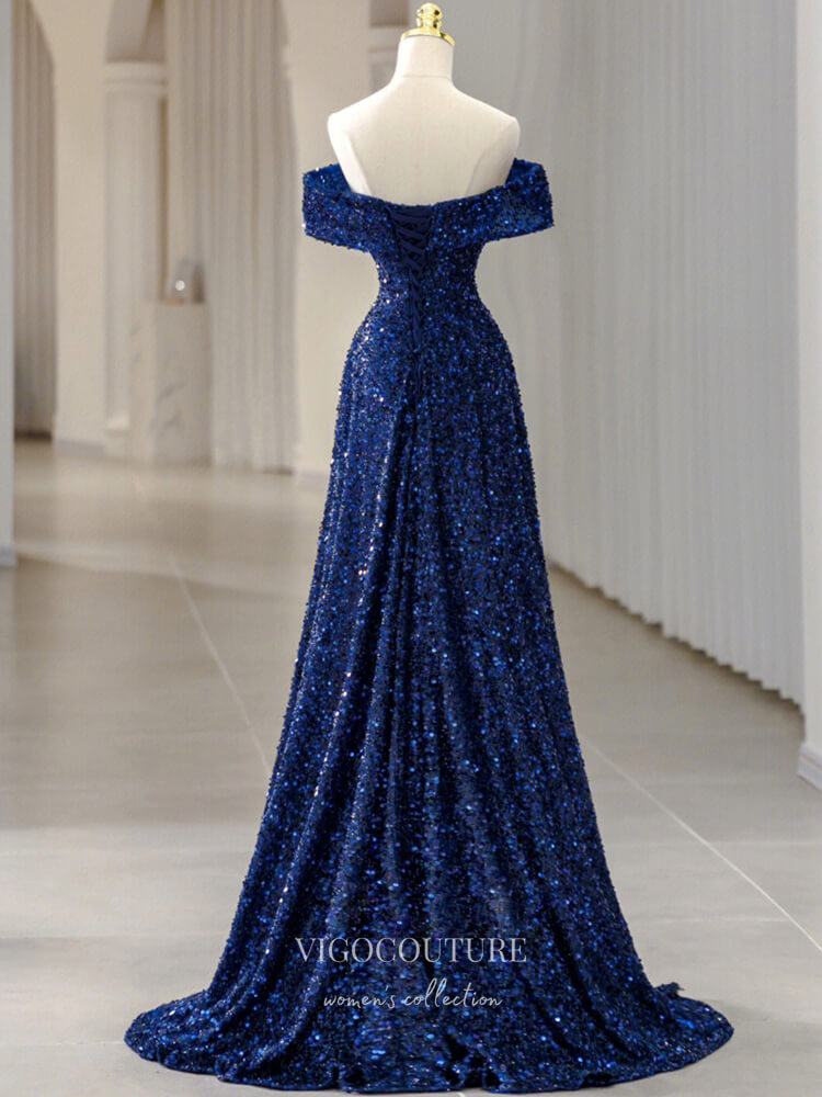 Prom Dress 2025 Blue Sequin Prom Dresses Off the Shoulder Evening Gown 22052-unique elegant Prom Dresses-Blue-Custom Size-vigocouture