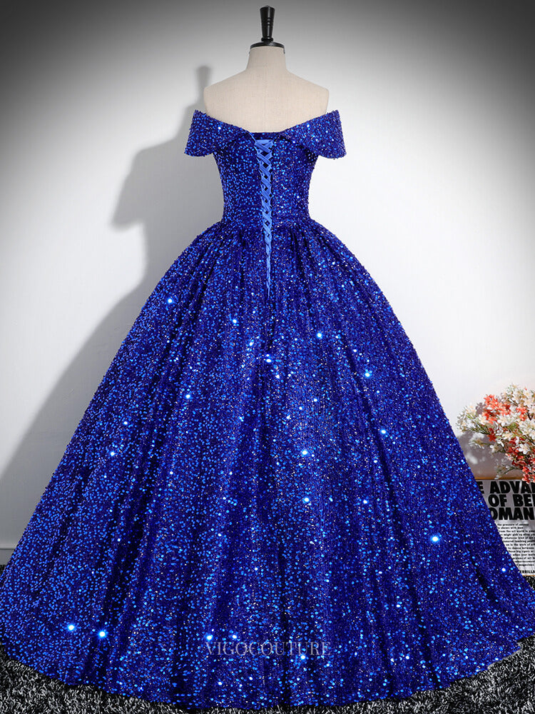 Prom Dresses 2025 to impress Blue Sequin Prom Dresses Off the Shoulder Sparkly Quinceanera Dresses BG027-vigocouture-vigocouture