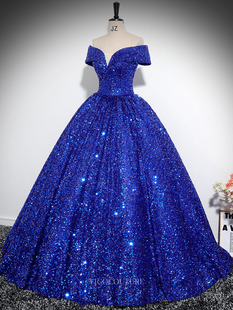 Prom Dresses 2025 to impress Blue Sequin Prom Dresses Off the Shoulder Sparkly Quinceanera Dresses BG027-vigocouture-vigocouture