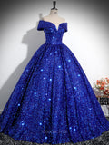 Prom Dresses 2025 to impress Blue Sequin Prom Dresses Off the Shoulder Sparkly Quinceanera Dresses BG027-vigocouture-vigocouture