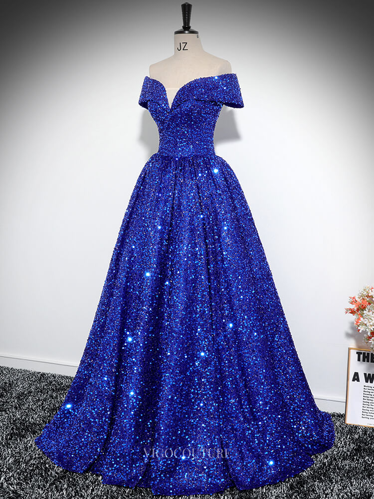 Prom Dresses 2025 to impress Blue Sequin Prom Dresses Off the Shoulder Sparkly Quinceanera Dresses BG027-vigocouture-vigocouture