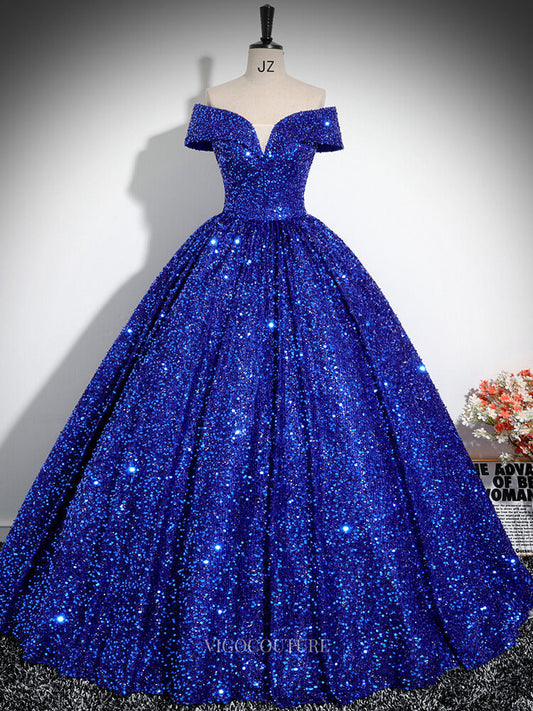 Prom Dresses 2025 to impress Blue Sequin Prom Dresses Off the Shoulder Sparkly Quinceanera Dresses BG027-vigocouture-Blue-Custom Size-vigocouture