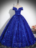 Blue Sequin Prom Dresses Off the Shoulder Sparkly Quinceanera Dresses BG027