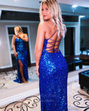 Prom Dress 2025 Blue Sequin Prom Dresses with Slit Mermaid Spaghetti Strap Evening Dress 20827-unique elegant Prom Dresses-Blue-US2-vigocouture