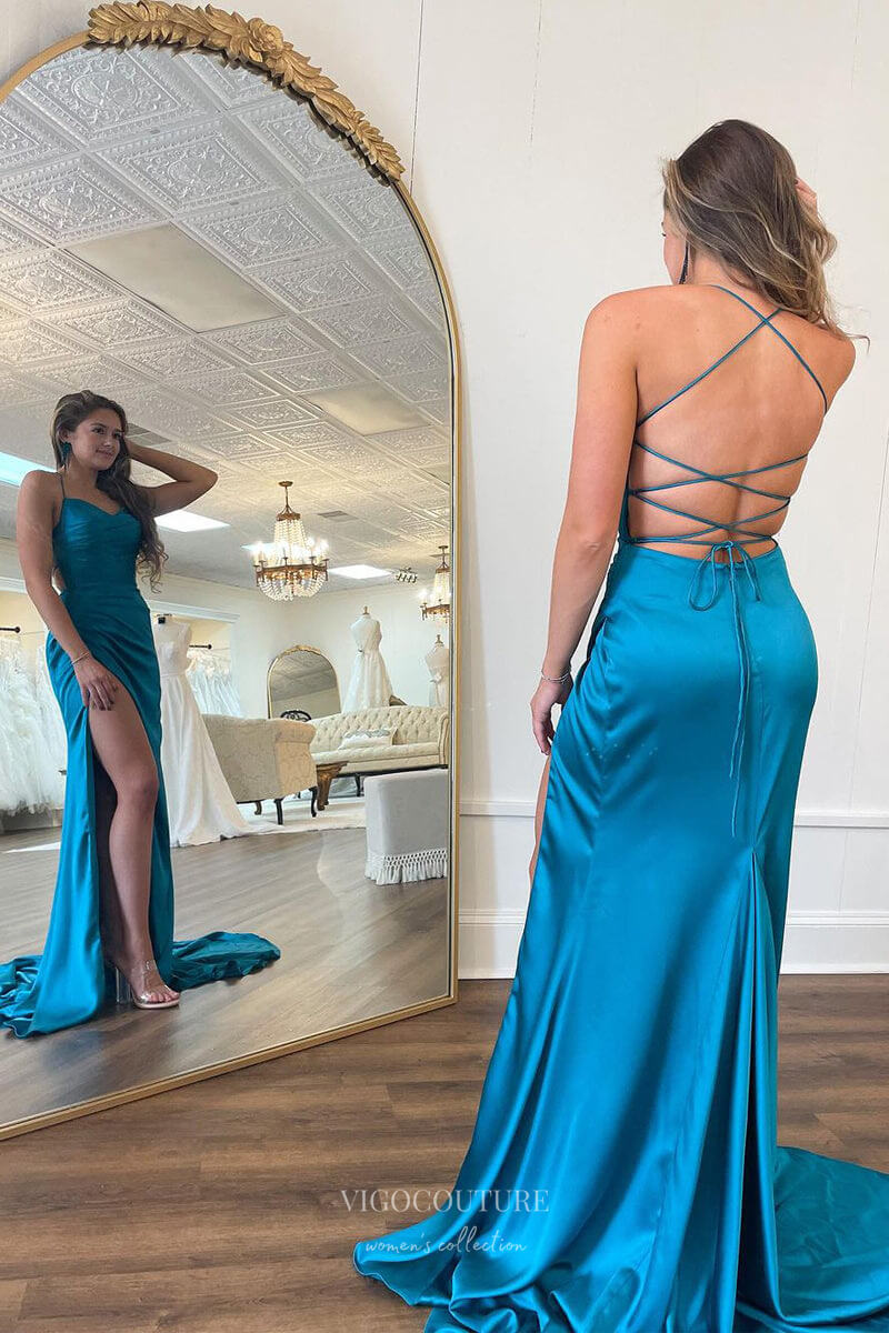 Prom Dress 2025 Blue Sexy Mermaid Satin Prom Dresses with Slit Pleated Bodice Spaghetti Strap 24203-unique elegant Prom Dresses-Blue-Custom Size-vigocouture