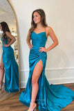 Blue Sexy Mermaid Satin Prom Dresses with Slit Pleated Bodice Spaghetti Strap 24203