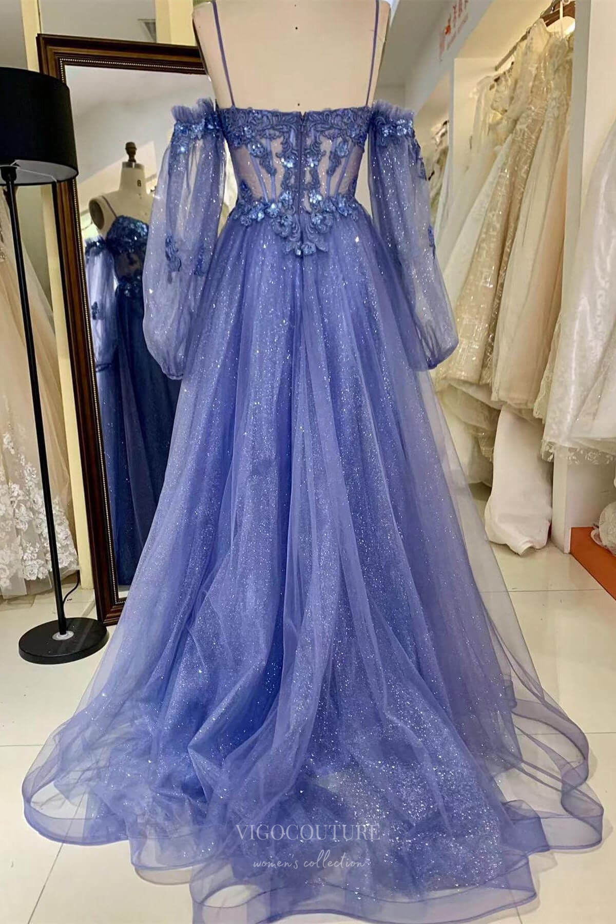 Prom Dress 2025 Blue Shimmering Tulle Lace Applique Prom Dresses 2024 Sheer Long Sleeve 24272-unique elegant Prom Dresses-Blue-Custom Size-vigocouture