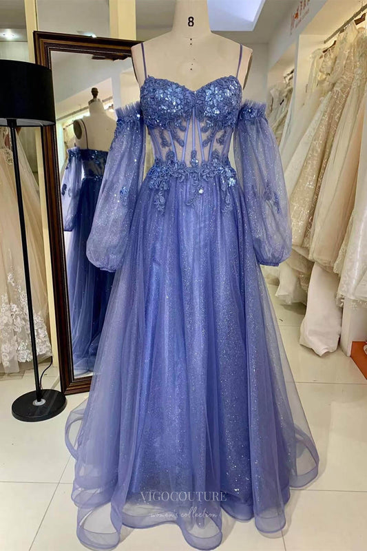 Prom Dress 2025 Blue Shimmering Tulle Lace Applique Prom Dresses 2024 Sheer Long Sleeve 24272-unique elegant Prom Dresses-Blue-Custom Size-vigocouture