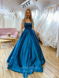 Blue Spaghetti Strap Prom Dresses Satin A-Line Evening Dress 21750