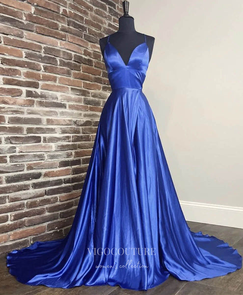 Blue Spaghetti Strap Prom Dresses Satin V-Neck Evening Dress 21790 Blue / US4 Blue Spaghetti Strap Prom Dresses Satin V-Neck Evening Dress 21790 Blue / US4