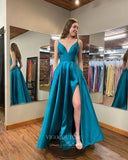 Prom Dress 2025 Blue Spaghetti Strap Prom Dresses With Pockets Satin V-Neck Evening Dress 21786-unique elegant Prom Dresses-Blue-US2-vigocouture