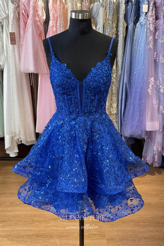 Short Prom Dresses 2025 Blue Spaghetti Strap V-Neck Homecoming Dresses Sparkly Lace Tiered Graduation Dress hc423-Prom Dresses-vigocouture-Blue-Custom Size-vigocouture