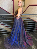 Prom Dress 2025 Blue Sparkly Lace Prom Dresses with Slit Spaghetti Strap Evening Dress 20856-unique elegant Prom Dresses-Blue-US2-vigocouture