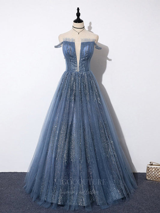 Prom Dress 2025 Blue Sparkly Plunging V-Neck Prom Dress 20637-unique elegant Prom Dresses-Dusty Blue-Custom Size-vigocouture