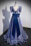 Prom Dress 2025 Blue Sparkly Satin Formal Dress Puffed Sleeve Bow-Tie Prom Dresses 21677-unique elegant Prom Dresses-Blue-US2-vigocouture