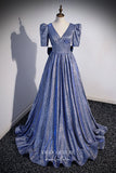 Prom Dress 2025 Blue Sparkly Satin Formal Dress Puffed Sleeve Bow-Tie Prom Dresses 21677-unique elegant Prom Dresses-Blue-US2-vigocouture