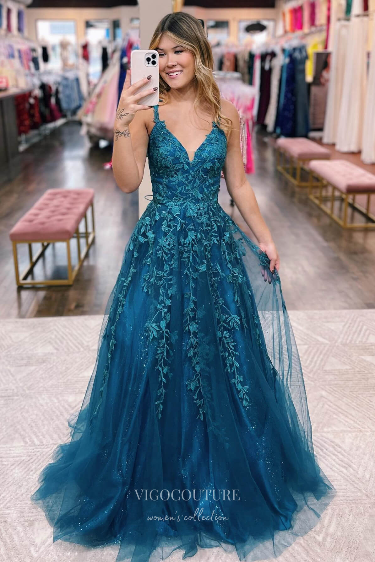 Prom Dress 2025 Blue Sparkly Tulle Lace Applique Prom Dress with Spaghetti Strap, V-Neckline, and Corset Back 22186-unique elegant Prom Dresses-Blue-Custom Size-vigocouture