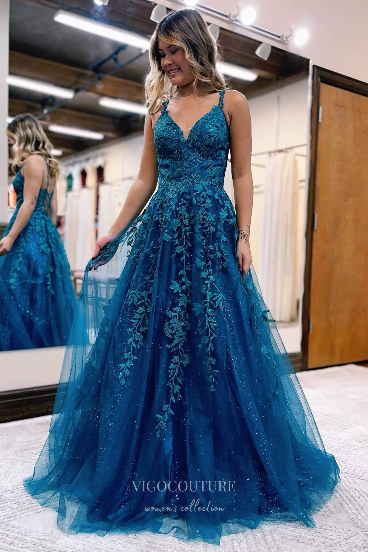 Prom Dress 2025 Blue Sparkly Tulle Lace Applique Prom Dress with Spaghetti Strap, V-Neckline, and Corset Back 22186-unique elegant Prom Dresses-Blue-Custom Size-vigocouture