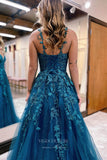 Prom Dress 2025 Blue Sparkly Tulle Lace Applique Prom Dress with Spaghetti Strap, V-Neckline, and Corset Back 22186-unique elegant Prom Dresses-Blue-Custom Size-vigocouture