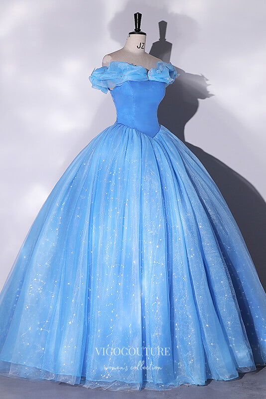 Prom Dress 2025 Blue Sparkly Tulle Off the Shoulder Quinceanera Dress 22328-unique elegant Prom Dresses-Blue-Custom Size-vigocouture