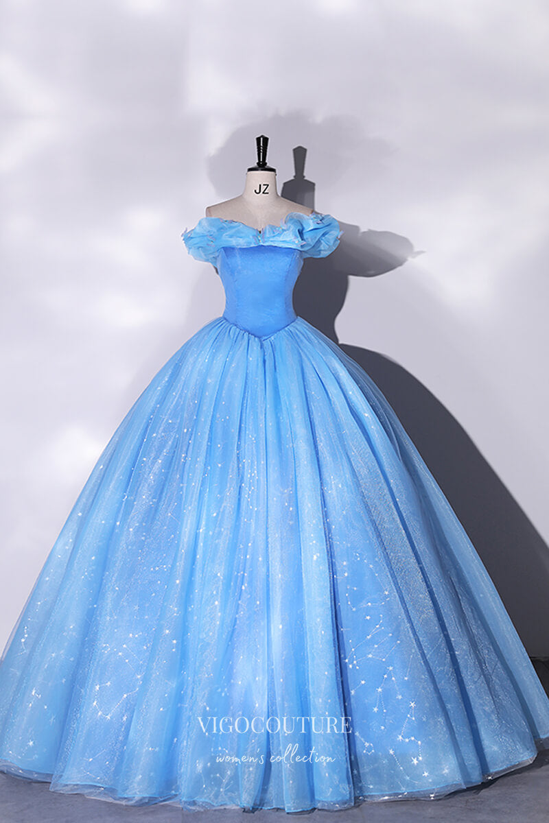 Prom Dress 2025 Blue Sparkly Tulle Off the Shoulder Quinceanera Dress 22328-unique elegant Prom Dresses-Blue-Custom Size-vigocouture