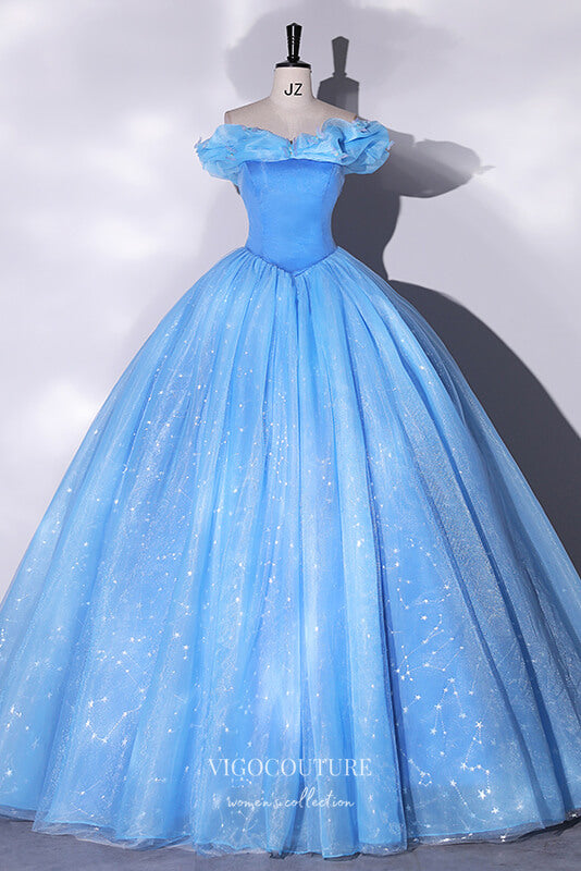 Prom Dress 2025 Blue Sparkly Tulle Off the Shoulder Quinceanera Dress 22328-unique elegant Prom Dresses-Blue-Custom Size-vigocouture