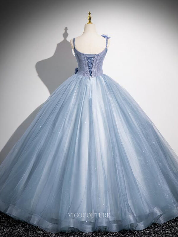 Prom Dresses 2025 to impress Blue Sparkly Tulle Prom Dresses with 3D Flower, Spaghetti Strap, Quinceanera Dresses BG037-vigocouture-vigocouture