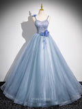 Prom Dresses 2025 to impress Blue Sparkly Tulle Prom Dresses with 3D Flower, Spaghetti Strap, Quinceanera Dresses BG037-vigocouture-vigocouture