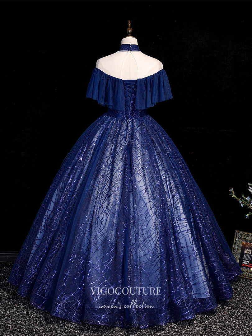 Blue Sparkly Tulle Quinceanera Dresses Lace Applique Princess Dresses vigocouture Blue Sparkly Tulle Quinceanera Dresses Lace Applique Princess Dresses vigocouture
