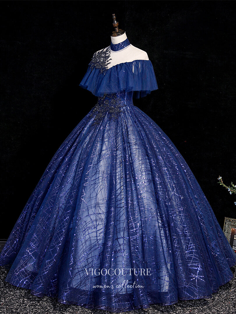 Blue Sparkly Tulle Quinceanera Dresses Lace Applique Princess Dresses vigocouture Blue Sparkly Tulle Quinceanera Dresses Lace Applique Princess Dresses vigocouture