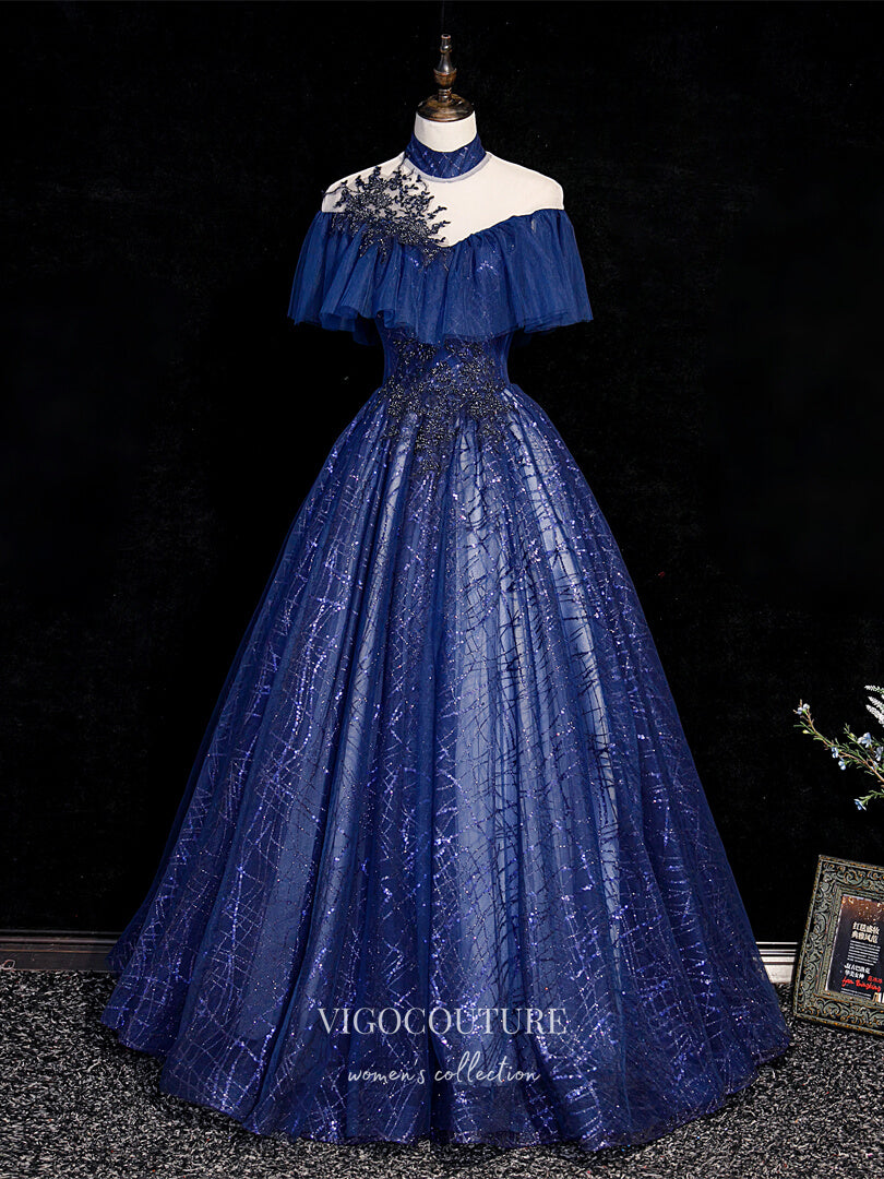 Blue Sparkly Tulle Quinceanera Dresses Lace Applique Princess Dresses vigocouture Blue Sparkly Tulle Quinceanera Dresses Lace Applique Princess Dresses vigocouture