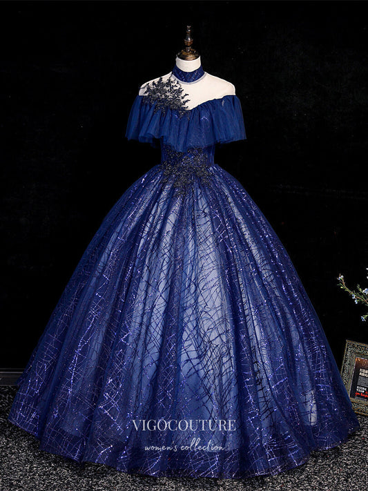 Prom Dress 2025 Blue Sparkly Tulle Quinceanera Dresses Lace Applique Princess Dresses 21416-unique elegant Prom Dresses-Blue-Custom Size-vigocouture