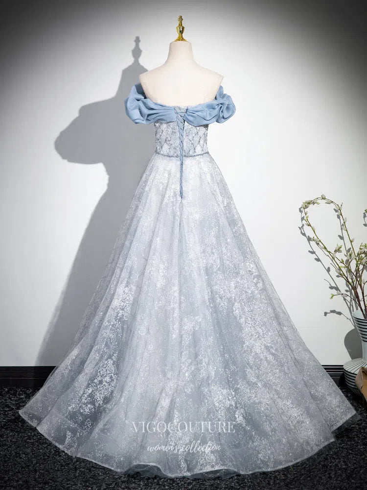 Prom Dress 2025 Blue Sparkly Tulle Ruffled Prom Dresses Off the Shoulder Formal Dress 25077-unique elegant Prom Dresses-Blue-Custom Size-vigocouture