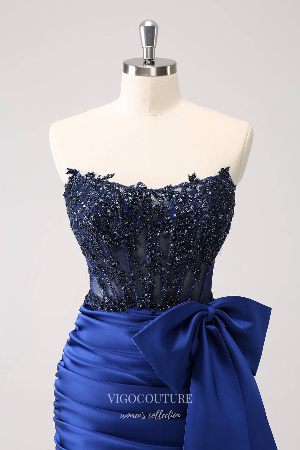 Short Prom Dresses 2025 Blue Strapless Beaded Lace Homecoming Dresses Bow Satin Bodycon Dress hc357-Prom Dresses-vigocouture-vigocouture