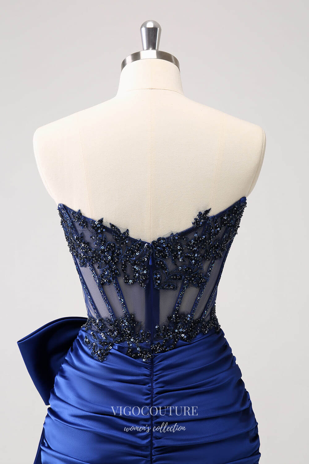 Short Prom Dresses 2025 Blue Strapless Beaded Lace Homecoming Dresses Bow Satin Bodycon Dress hc357-Prom Dresses-vigocouture-vigocouture