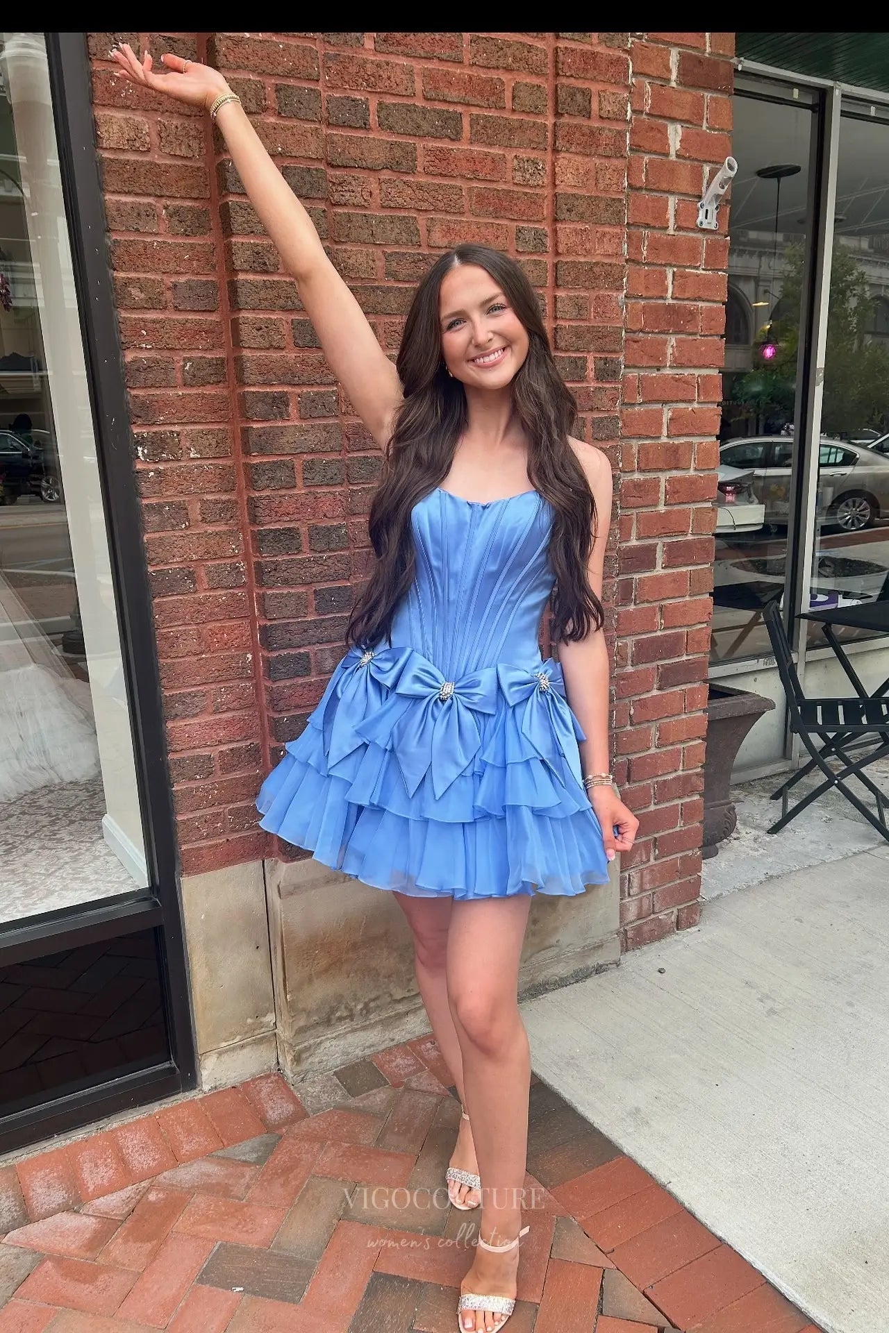 Blue Strapless Homecoming Dress with Corset Bodice, Satin Bows & Tiered Ruffle Skirt – HC500