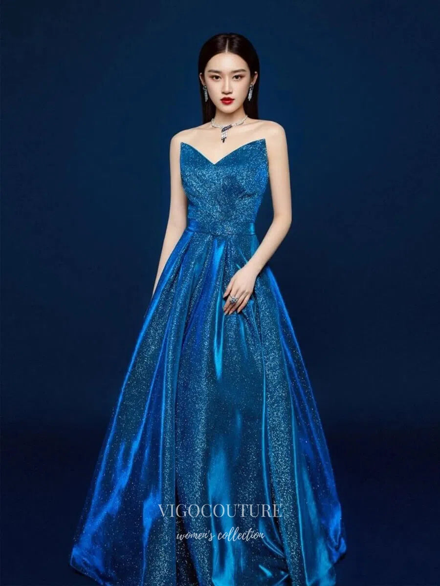 Prom Dress 2025 Blue Strapless Sweetheart Prom Dresses 2025 Shimmering Satin Formal Dress 25059-unique elegant Prom Dresses-Blue-Custom Size-vigocouture