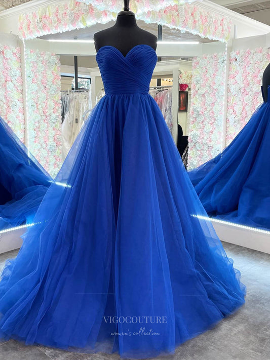 Prom Dress 2025 Blue Strapless Tulle Prom Dresses 2024 Pleated Crossed Bodice 24254-unique elegant Prom Dresses-Blue-Custom Size-vigocouture