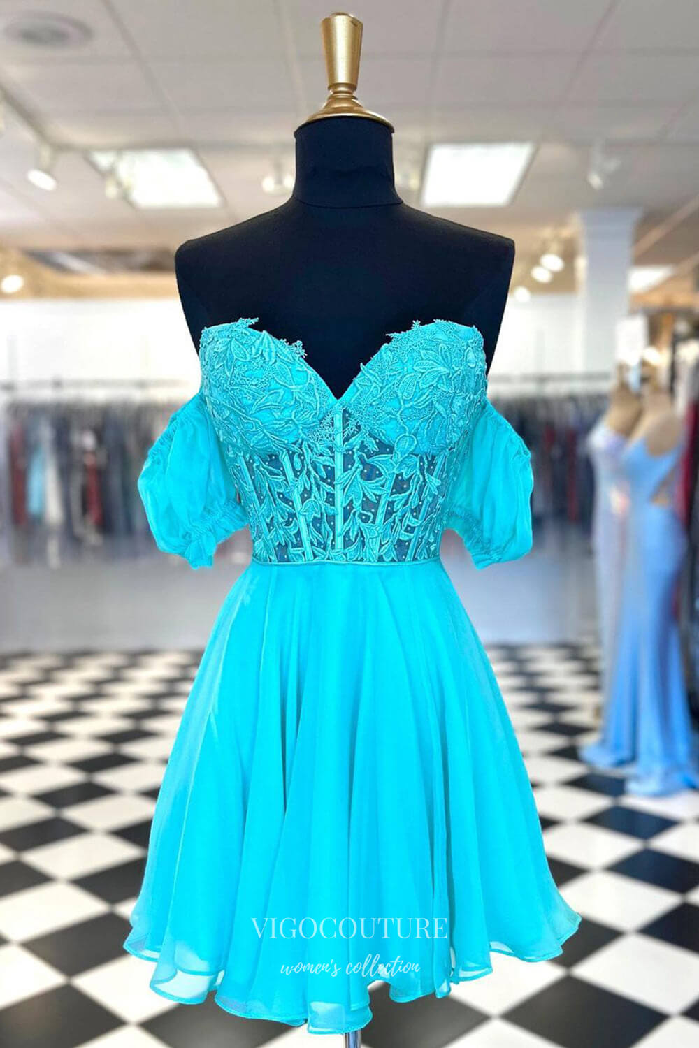 Blue Sweetheart Puffed Sleeve Homecoming Dresses Lace Applique Back to   vigocouture
